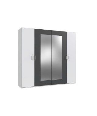 Armoire de chambre - RHODES - Blanc / Rechampis graphite - 4 portes - 2 miroirs - 225 x 58 x 208 cm