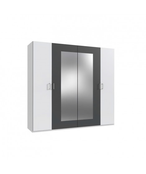 Armoire de chambre - RHODES - Blanc / Rechampis graphite - 4 portes - 2 miroirs - 225 x 58 x 208 cm