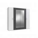Armoire de chambre - RHODES - Blanc / Rechampis graphite - 4 portes - 2 miroirs - 225 x 58 x 208 cm
