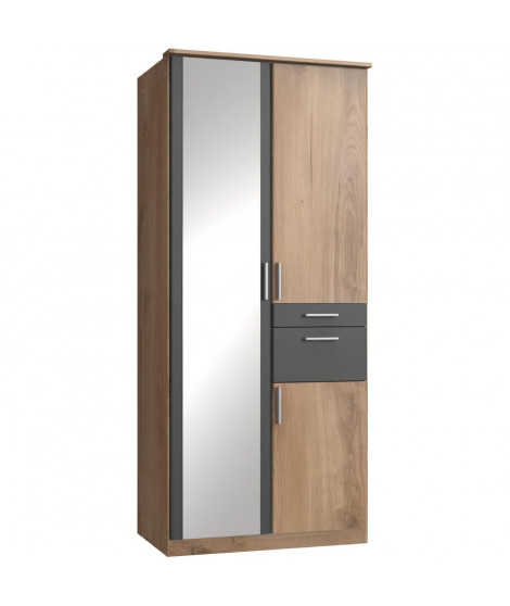 Armoire de chambre - VOLOS - Chene poutre / Graphite - 3 portes - 1 porte miroir - 2 tiroirs - 90 x 58 x 199 cm