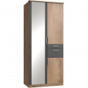 Armoire de chambre - VOLOS - Chene poutre / Graphite - 3 portes - 1 porte miroir - 2 tiroirs - 90 x 58 x 199 cm