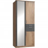 Armoire de chambre - VOLOS - Chene poutre / Graphite - 3 portes - 1 porte miroir - 2 tiroirs - 90 x 58 x 199 cm