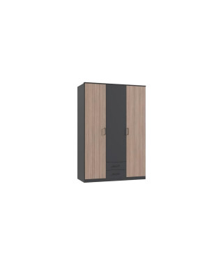 Armoire de chambre - AGIA - Graphite - 3 portes battantes - 2 tiroirs - 135 x 199 x 58 cm