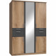 Armoire de chambre - VOLOS - Chene poutre / Graphite - 5 portes - 1 porte miroir - 4 tiroirs - 135 x 58 x 199 cm