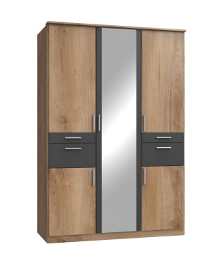 Armoire de chambre - VOLOS - Chene poutre / Graphite - 5 portes - 1 porte miroir - 4 tiroirs - 135 x 58 x 199 cm