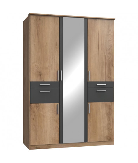 Armoire de chambre - VOLOS - Chene poutre / Graphite - 5 portes - 1 porte miroir - 4 tiroirs - 135 x 58 x 199 cm