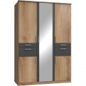 Armoire de chambre - VOLOS - Chene poutre / Graphite - 5 portes - 1 porte miroir - 4 tiroirs - 135 x 58 x 199 cm