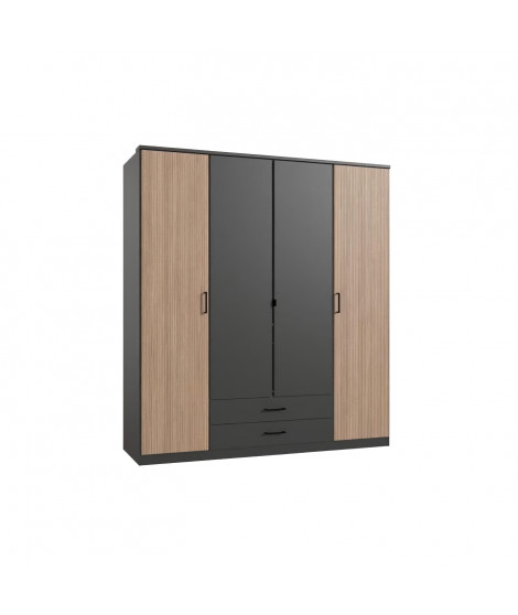 Armoire de chambre - AGIA - Graphite - 4 portes battantes - 2 tiroirs - 180 x 58 x 199 cm