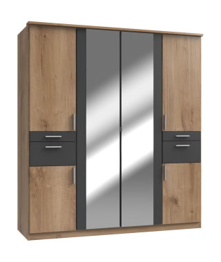 Armoire de chambre - VOLOS - Chene poutre / Graphite - 6 portes - 2 portes miroirs - 4 tiroirs - 180 x 58 x 199 cm