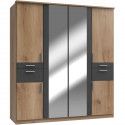 Armoire de chambre - VOLOS - Chene poutre / Graphite - 6 portes - 2 portes miroirs - 4 tiroirs - 180 x 58 x 199 cm