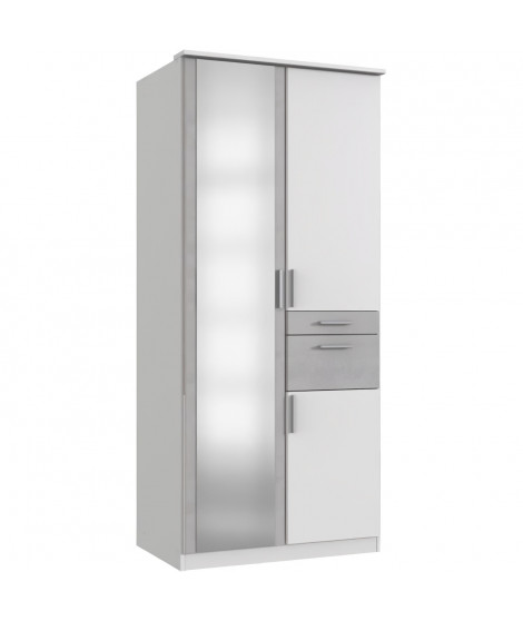 Armoire de chambre - VOLOS - Blanc / Béton gris clair - 3 portes - 1 porte miroir - 2 tiroirs - 90 x 58 x 199 cm