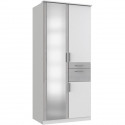 Armoire de chambre - VOLOS - Blanc / Béton gris clair - 3 portes - 1 porte miroir - 2 tiroirs - 90 x 58 x 199 cm