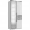Armoire de chambre - VOLOS - Blanc / Béton gris clair - 3 portes - 1 porte miroir - 2 tiroirs - 90 x 58 x 199 cm