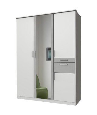 Armoire de chambre - VOLOS - Blanc / Béton gris clair - 4 portes - 1 porte miroir - 2 tiroirs - 135 x 58 x 199 cm