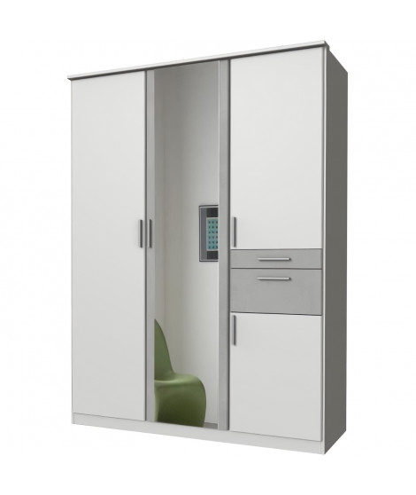Armoire de chambre - VOLOS - Blanc / Béton gris clair - 4 portes - 1 porte miroir - 2 tiroirs - 135 x 58 x 199 cm