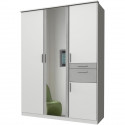 Armoire de chambre - VOLOS - Blanc / Béton gris clair - 4 portes - 1 porte miroir - 2 tiroirs - 135 x 58 x 199 cm