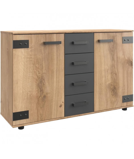 Commode combinée - WIMEX - LAMIA - 2 portes - 4 tiroirs - Chene poutre / Graphite - 130 x 83 x 41 cm