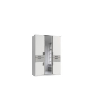 Armoire de chambre - VOLOS - Blanc / Béton gris clair - 5 portes - 1 porte miroir - 4 tiroirs - 135 x 58 x 199 cm