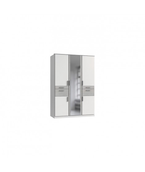 Armoire de chambre - VOLOS - Blanc / Béton gris clair - 5 portes - 1 porte miroir - 4 tiroirs - 135 x 58 x 199 cm