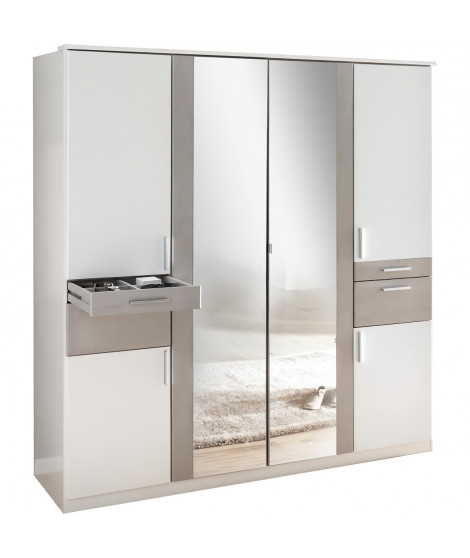 Armoire de chambre - VOLOS - Blanc / Béton gris clair - 6 portes - 2 portes miroirs - 4 tiroirs - 180 x 58 x 199 cm