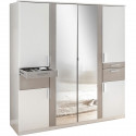 Armoire de chambre - VOLOS - Blanc / Béton gris clair - 6 portes - 2 portes miroirs - 4 tiroirs - 180 x 58 x 199 cm