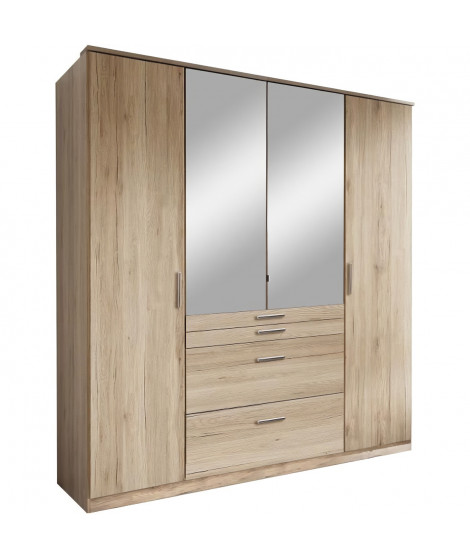 Armoire - Panneaux de particules - Aspect chene San Remo - 4 portes miroir - Chambre - L 180 x P 58 x H 198 cm