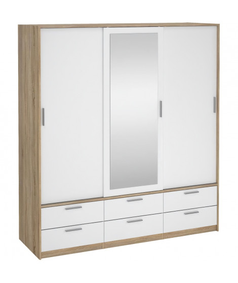 Armoire de chambre - ONTARIO - Blanc brillant / Chene - 3 portes - 6 tiroirs - 181,4 x 60,25 x 200 cm