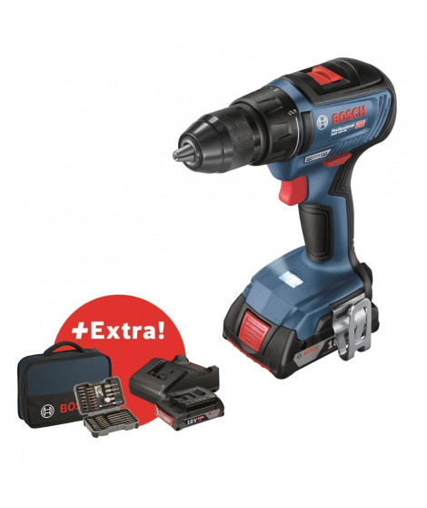 Perceuse-visseuse Bosch Professional GSR 18V-50 + 2 batteries 2,0Ah + chargeur GAL 18V-20 + 43 accessoires + Sacoche