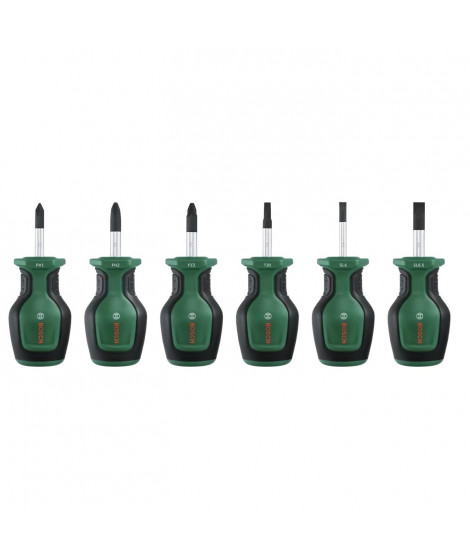 Bosch Set de 6 tournevis courts (pour endroits restreints  PH/PZ/TX/Plat  acier S2  couple élevé  embout magnétique)