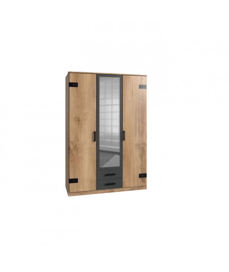 Armoire de chambre - Panneaux de particules et ABS - Beige et graphite - 3 portes - Style Industriel - 135 x 58 x H 199 cm
