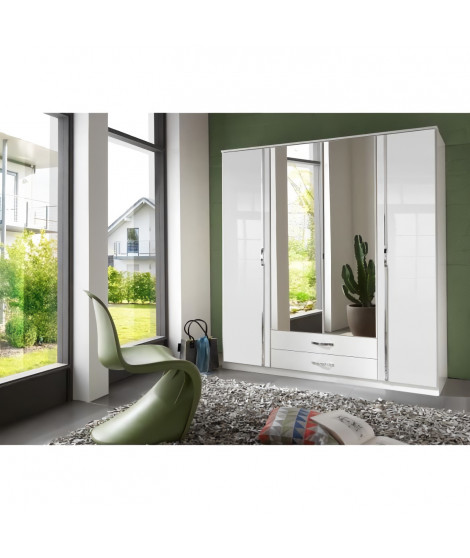 Armoire - Panneaux de particules - Décor blanc - 4 portes - L 180 x P 56 x H 199 cm - TRIO