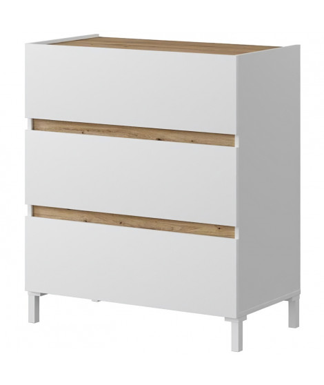 Commode TEMPUS 3 tiroirs - Décor chene nodi et blanc artik - Finition satinée - L79 x P41 x H90 cm
