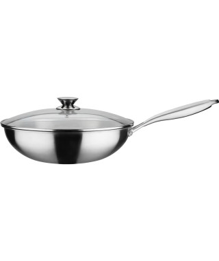 GSW Wok pro avec couvercle - Ø 32 cm - Fond 3-PLY - Poignée rivetée - Inox - Tous feux dont induction