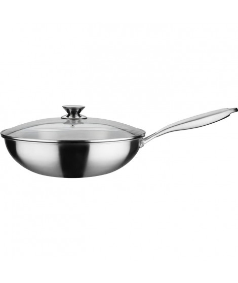 GSW Wok pro avec couvercle - Ø 32 cm - Fond 3-PLY - Poignée rivetée - Inox - Tous feux dont induction