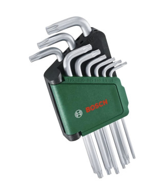 Bosch Set de 9 clés Torx (clés multitâches en acier S2  TX8-TX40  côté long  surface antirouille, barrette de rangement)