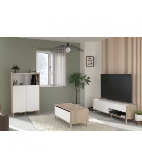 Ensemble meuble de salon - Meuble TV, table basse relevable, bahut haut - MORPHOS - Décor blanc / Chene - PARISOT