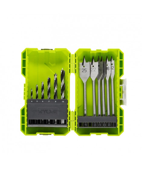 RYOBI - Coffret empilable perçage bois 12 accessoires (6 forets + 6 meches plates) - RAK12SWD