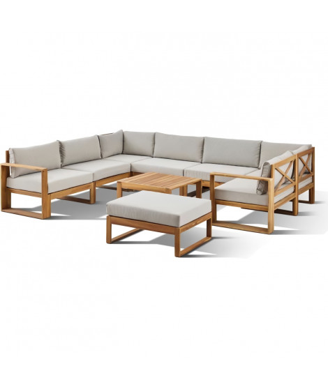 Salon de jardin d'angle modulable - Bois d'acacia - 9 personnes - LEVATA XXL - Lin + Housse