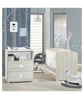 Chambre bébé complete - Lit 120x60 et commode a langer - BABY PRICE - SMILE - Hetre cendré