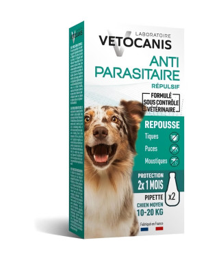 VETOCANIS 2 Pipettes anti-puces et anti-tiques - Pour chien 10-20 kg - 2x 1 mois de protection