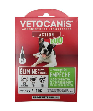 Pipettes - VETOCANIS - x4 Pipettes Anti-puces et tiques Duo 67mg/20mg pour Petits Chiens