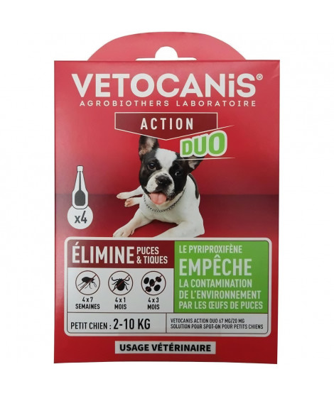 Pipettes - VETOCANIS - x4 Pipettes Anti-puces et tiques Duo 67mg/20mg pour Petits Chiens
