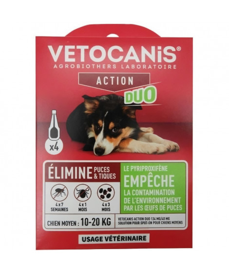 Pipettes - VETOCANIS - x4 Pipettes Anti-puces et tiques Duo 134mg/40mg pour Chiens Moyens