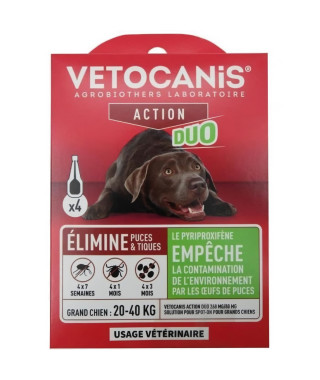 Pipettes - VETOCANIS - x4 Pipettes Anti-puces et tiques Duo 268mg/80mg pour Grands Chiens