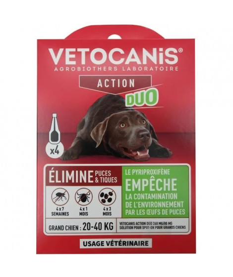 Pipettes - VETOCANIS - x4 Pipettes Anti-puces et tiques Duo 268mg/80mg pour Grands Chiens
