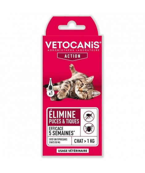 VETOCANIS Pipette Spot on Fipronil, Anti puces et Anti-Tiques - Pour Chat