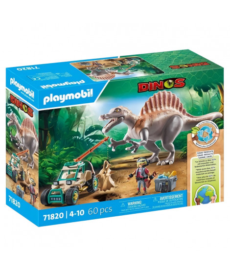 PLAYMOBIL 71820 Spinosaure, chercheur et véhicule a grue pivotante, Dinos, 60 pieces, Des 4 ans