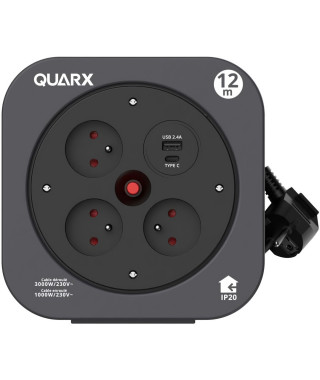 Enrouleur - QUARX - S-Box - 12m, 3 prises 16A, USB Type A et C