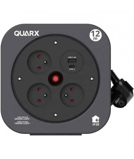 Enrouleur - QUARX - S-Box - 12m, 3 prises 16A, USB Type A et C