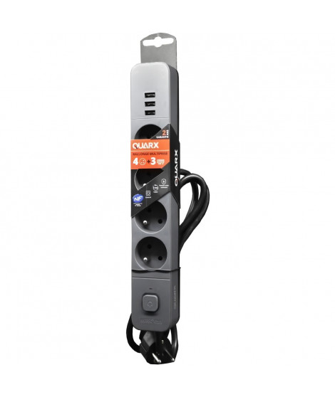 Multiprise - QUARX - 4 prises - Avec 3 ports USB, câble 3m